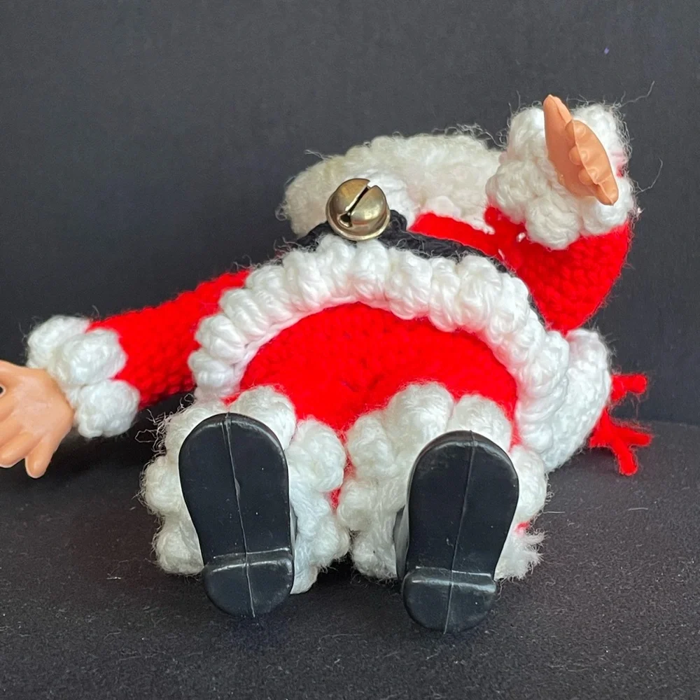 Vintage Crochet Santa Doll Pladtic Face Hands Boots 11” Jingle Bells Toy Sack